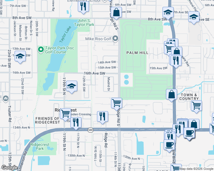 map of restaurants, bars, coffee shops, grocery stores, and more near 1713 Madrid Drive in Largo