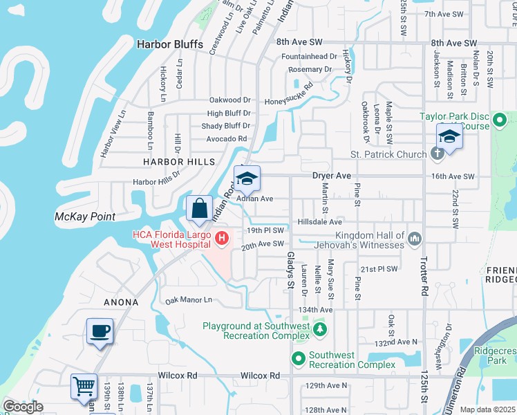 map of restaurants, bars, coffee shops, grocery stores, and more near 3371 Hillsdale Avenue in Largo
