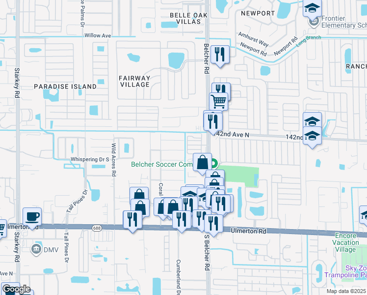 map of restaurants, bars, coffee shops, grocery stores, and more near 3792 141st Avenue North in Largo