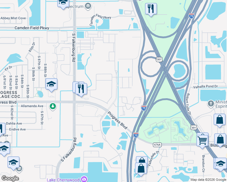 map of restaurants, bars, coffee shops, grocery stores, and more near 5341 Fallen Leaf Drive in Riverview