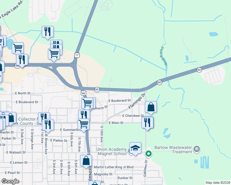 map of restaurants, bars, coffee shops, grocery stores, and more near 1940 Tripaul Court in Bartow
