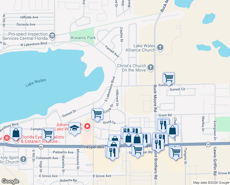 map of restaurants, bars, coffee shops, grocery stores, and more near 1136 Circle Drive in Lake Wales