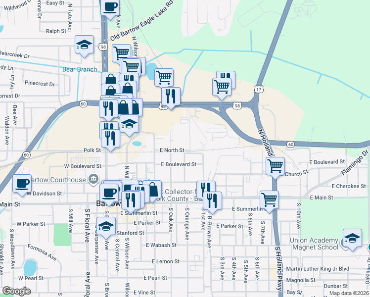 map of restaurants, bars, coffee shops, grocery stores, and more near 505 North Searcy Avenue in Bartow