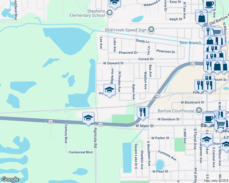 map of restaurants, bars, coffee shops, grocery stores, and more near 1255 Polk Street in Bartow