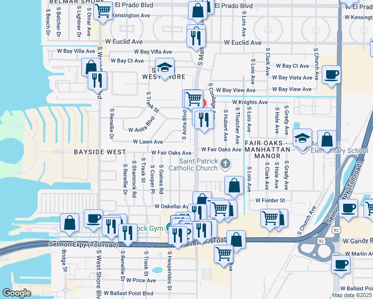 map of restaurants, bars, coffee shops, grocery stores, and more near 4414 West Fair Oaks Avenue in Tampa