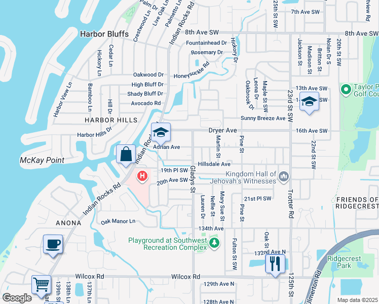 map of restaurants, bars, coffee shops, grocery stores, and more near 3259 Hillsdale Avenue in Largo