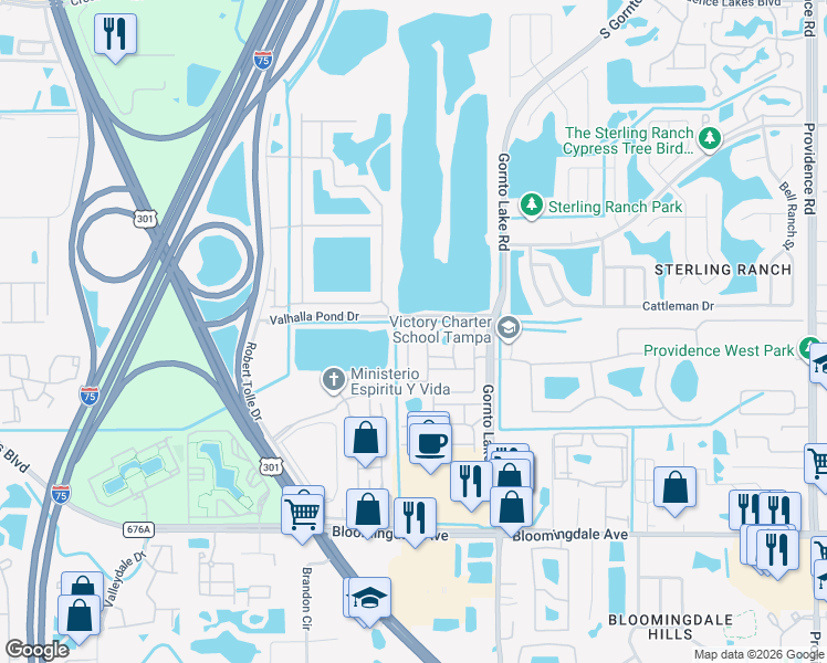 map of restaurants, bars, coffee shops, grocery stores, and more near 2257 Kings Palace Drive in Palm River-Clair Mel