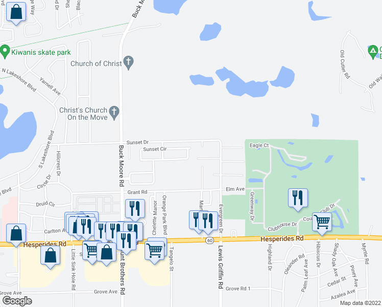 map of restaurants, bars, coffee shops, grocery stores, and more near 2633 Sunset Circle in Lake Wales