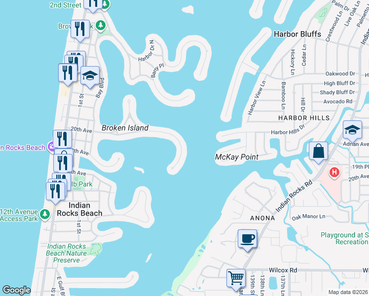 map of restaurants, bars, coffee shops, grocery stores, and more near 520 20th Avenue in Indian Rocks Beach