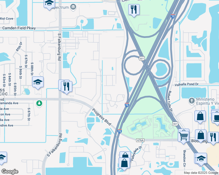 map of restaurants, bars, coffee shops, grocery stores, and more near 9315 Cerulean Drive in Riverview