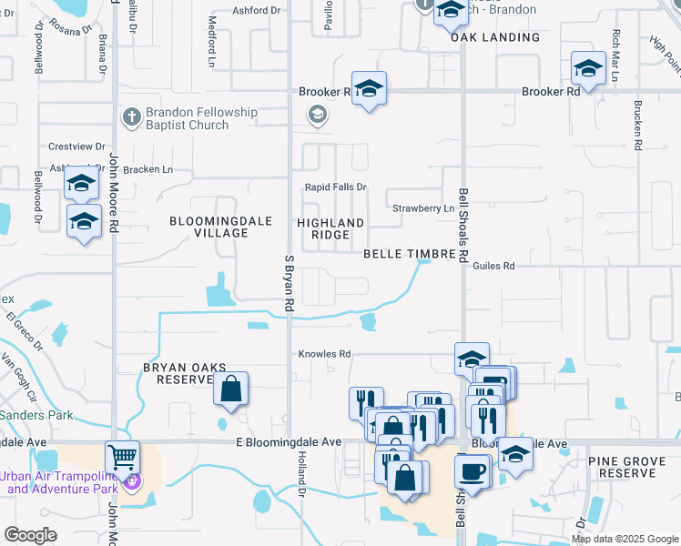 map of restaurants, bars, coffee shops, grocery stores, and more near 551 Oak Creek Drive in Brandon