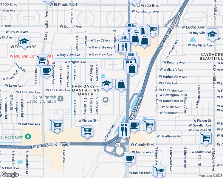map of restaurants, bars, coffee shops, grocery stores, and more near 3812 North Oak Drive in Tampa