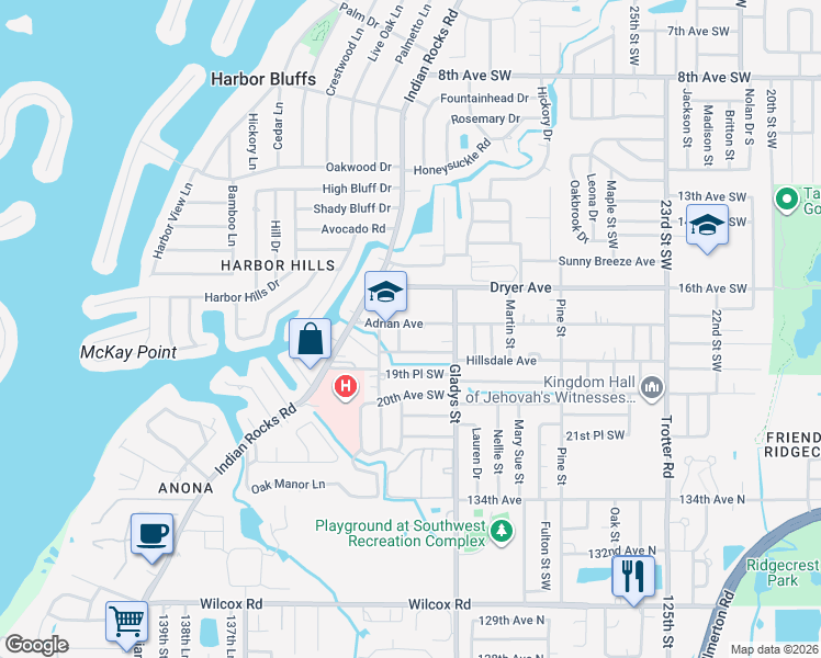 map of restaurants, bars, coffee shops, grocery stores, and more near 3350 Adrian Avenue in Largo