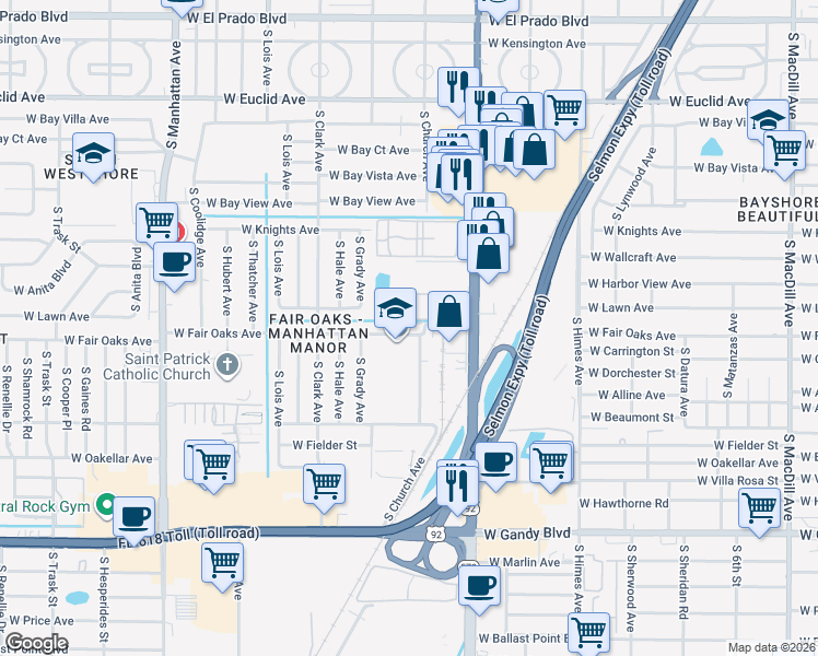 map of restaurants, bars, coffee shops, grocery stores, and more near 3812 North Oak Drive in Tampa