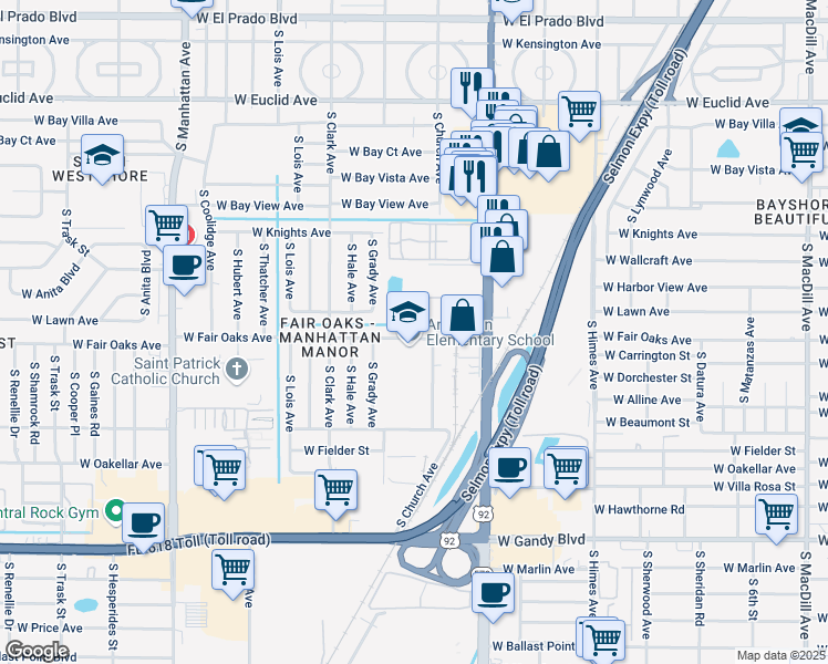 map of restaurants, bars, coffee shops, grocery stores, and more near 3812 North Oak Drive in Tampa