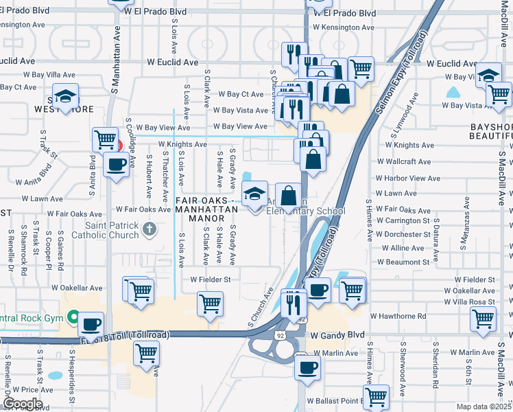 map of restaurants, bars, coffee shops, grocery stores, and more near 3812 North Oak Drive in Tampa