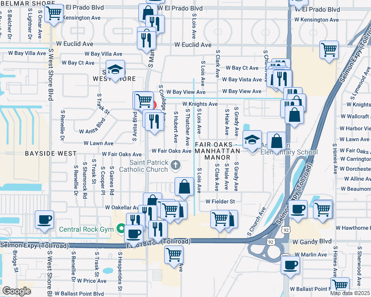 map of restaurants, bars, coffee shops, grocery stores, and more near 4325 South Thatcher Avenue in Tampa