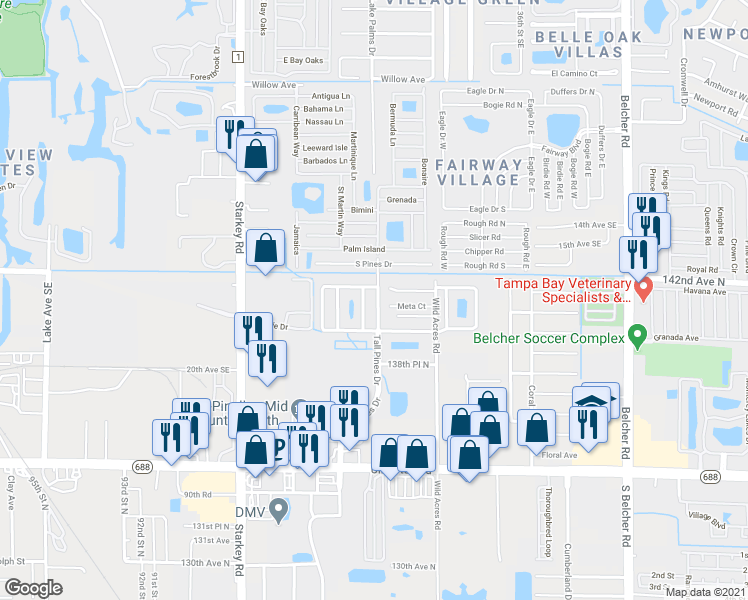 map of restaurants, bars, coffee shops, grocery stores, and more near 3001 Whispering Drive North in Largo