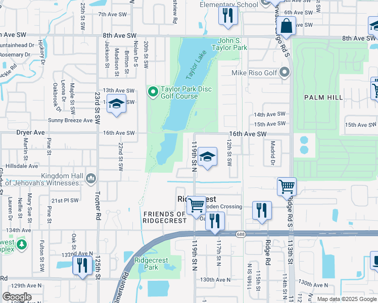 map of restaurants, bars, coffee shops, grocery stores, and more near 1736 Taylor Lake Place in Largo