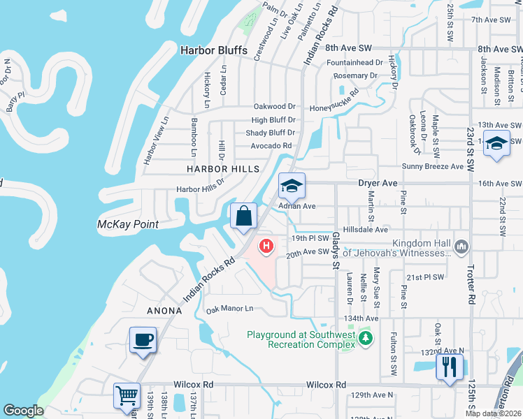 map of restaurants, bars, coffee shops, grocery stores, and more near 1680 Indian Rocks Road in Largo