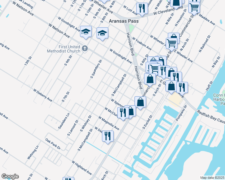 map of restaurants, bars, coffee shops, grocery stores, and more near 638 South McCampbell Street in Aransas Pass