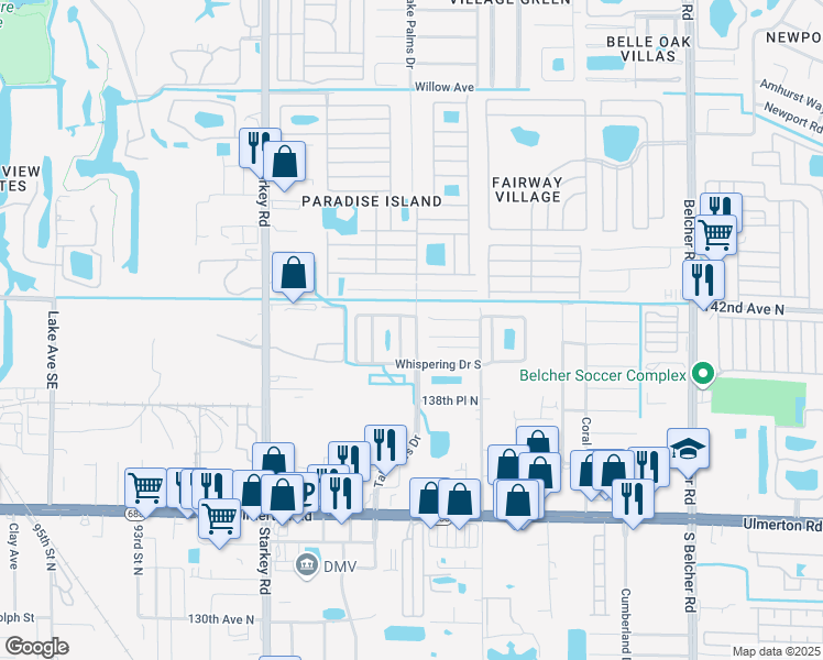 map of restaurants, bars, coffee shops, grocery stores, and more near 3001 Whispering Drive North in Largo