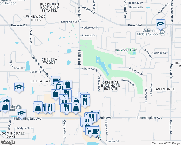map of restaurants, bars, coffee shops, grocery stores, and more near 2414 Buckhorn Run Drive in Valrico