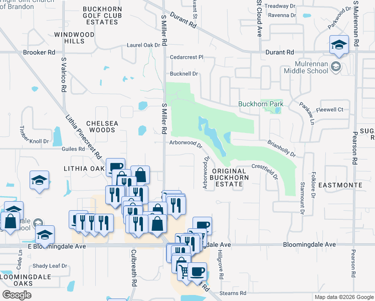 map of restaurants, bars, coffee shops, grocery stores, and more near 2414 Buckhorn Run Drive in Valrico