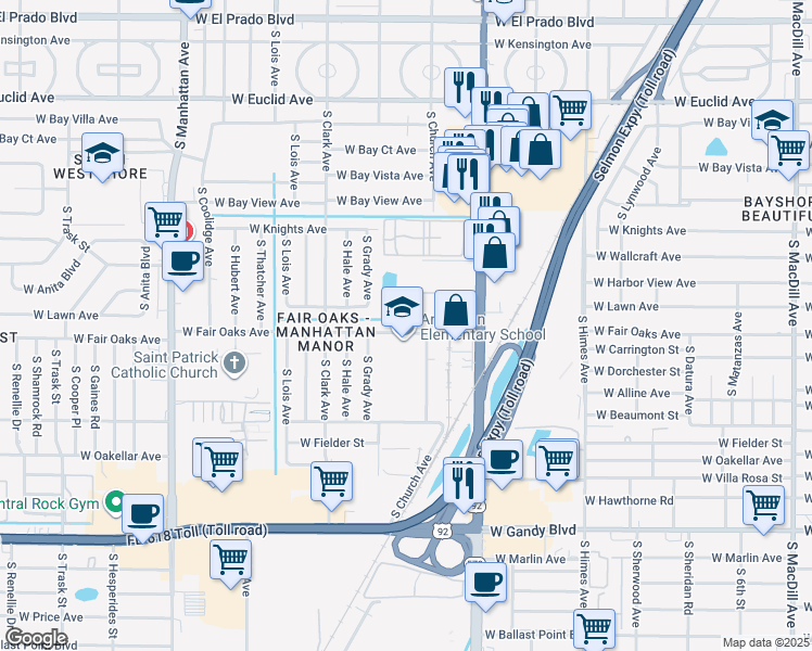 map of restaurants, bars, coffee shops, grocery stores, and more near 3812 North Oak Drive in Tampa