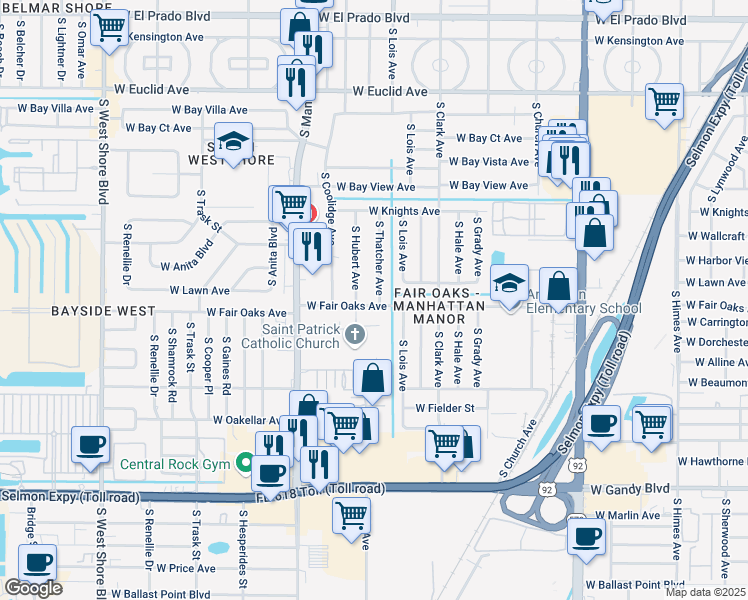map of restaurants, bars, coffee shops, grocery stores, and more near 4325 South Thatcher Avenue in Tampa