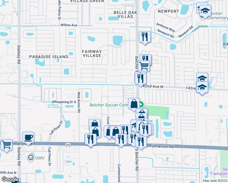 map of restaurants, bars, coffee shops, grocery stores, and more near 3683 141st Place North in Largo