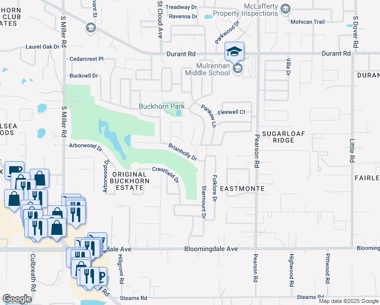 map of restaurants, bars, coffee shops, grocery stores, and more near 4118 Balington Drive in Valrico