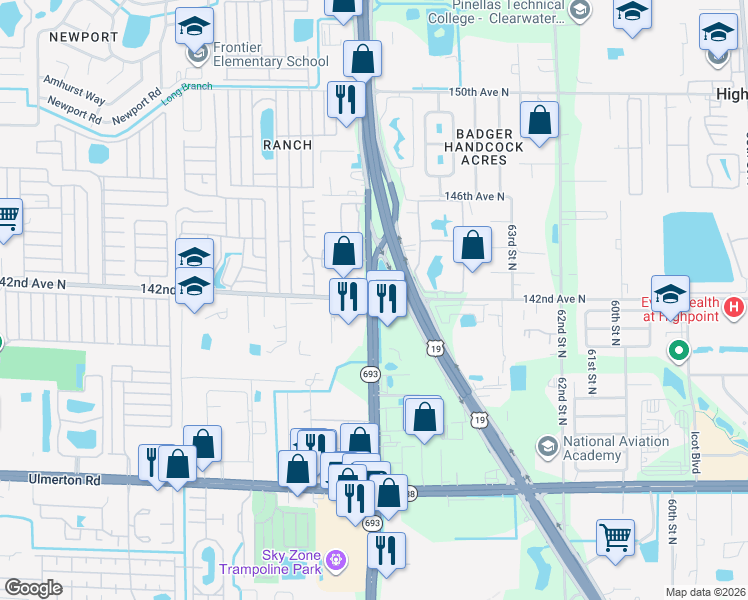 map of restaurants, bars, coffee shops, grocery stores, and more near 66th St N & 142nd Ave N in Largo