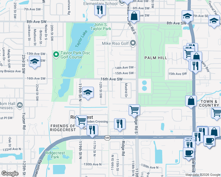 map of restaurants, bars, coffee shops, grocery stores, and more near 1127 17th Avenue Southwest in Largo