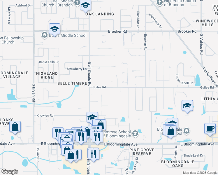 map of restaurants, bars, coffee shops, grocery stores, and more near 1036 Guiles Road in Brandon