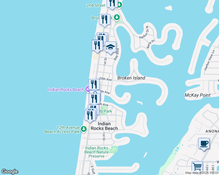 map of restaurants, bars, coffee shops, grocery stores, and more near 1901 1st Street in Indian Rocks Beach