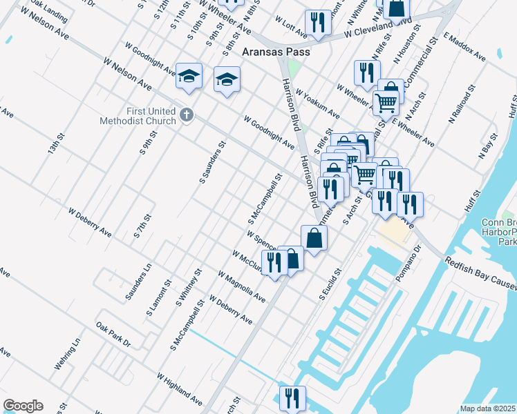 map of restaurants, bars, coffee shops, grocery stores, and more near 406 West Stoddard Avenue in Aransas Pass