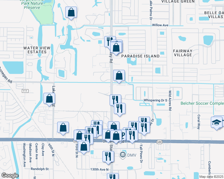 map of restaurants, bars, coffee shops, grocery stores, and more near Starkey Road in Largo