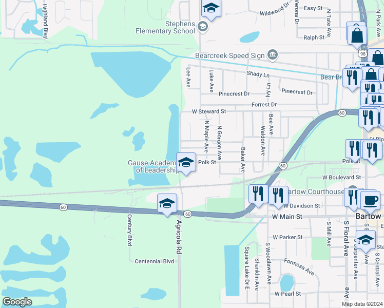 map of restaurants, bars, coffee shops, grocery stores, and more near 1430 Bryant Street in Bartow