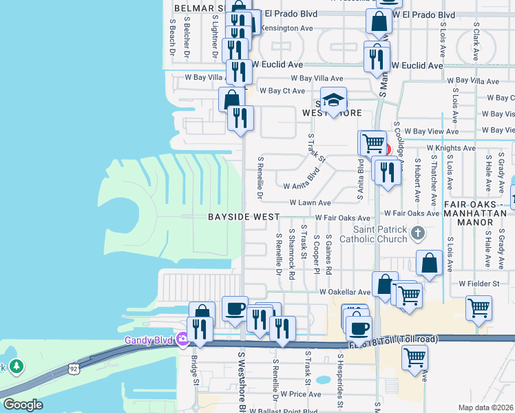 map of restaurants, bars, coffee shops, grocery stores, and more near 4318 South Renellie Drive in Tampa