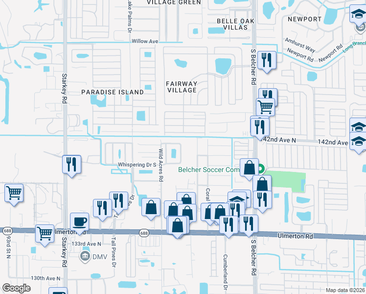 map of restaurants, bars, coffee shops, grocery stores, and more near 1701 Whispering Drive North in Largo