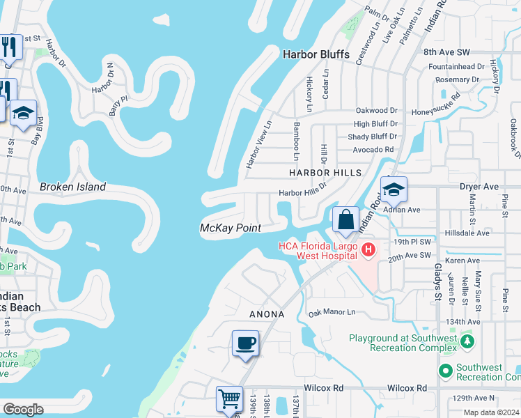 map of restaurants, bars, coffee shops, grocery stores, and more near 1745 Harbor Circle West in Largo