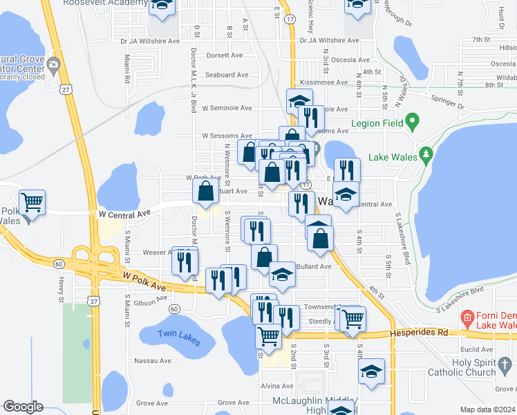 map of restaurants, bars, coffee shops, grocery stores, and more near 1 West Central Avenue in Lake Wales