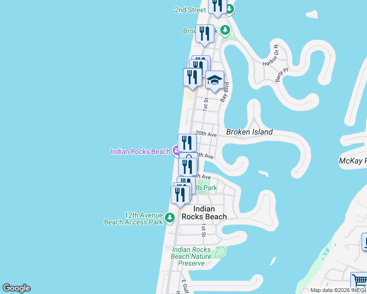 map of restaurants, bars, coffee shops, grocery stores, and more near 1900 Gulf Boulevard in Indian Rocks Beach