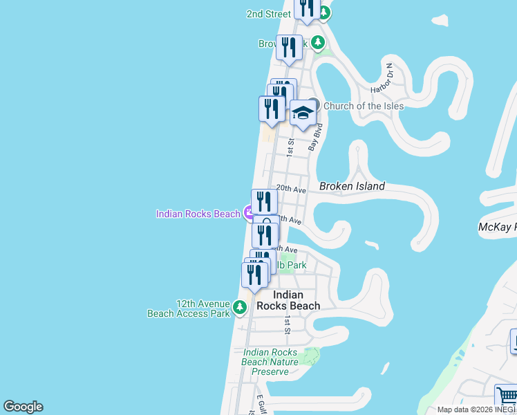 map of restaurants, bars, coffee shops, grocery stores, and more near 1802 Gulf Boulevard in Indian Rocks Beach