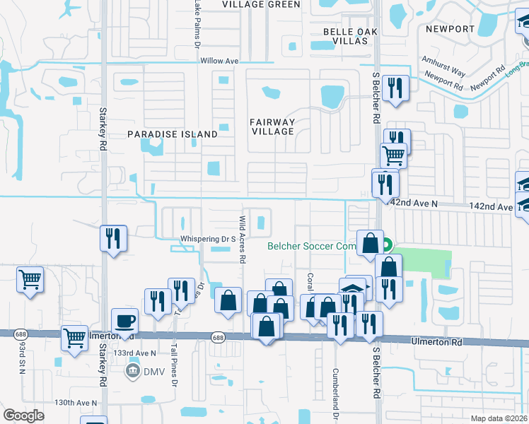 map of restaurants, bars, coffee shops, grocery stores, and more near 3326 Whispering Drive North in Largo