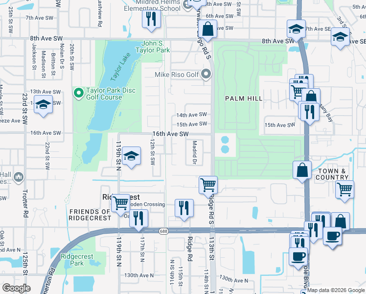 map of restaurants, bars, coffee shops, grocery stores, and more near 1127 17th Avenue Southwest in Largo