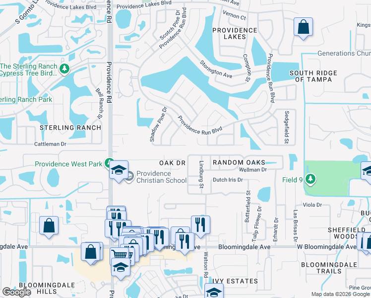 map of restaurants, bars, coffee shops, grocery stores, and more near 2070 Shadow Pine Drive in Brandon