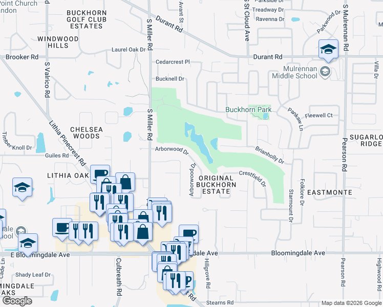 map of restaurants, bars, coffee shops, grocery stores, and more near 2430 Arborwood Drive in Valrico