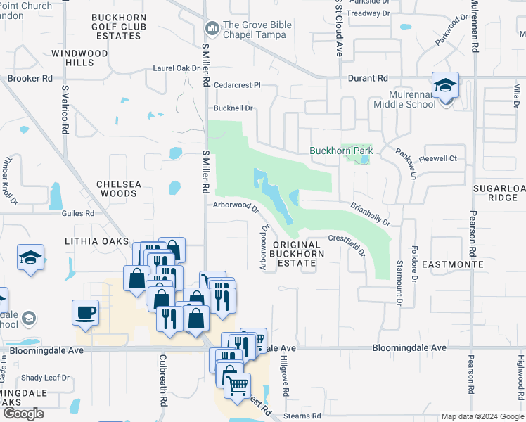 map of restaurants, bars, coffee shops, grocery stores, and more near 2430 Arborwood Drive in Valrico